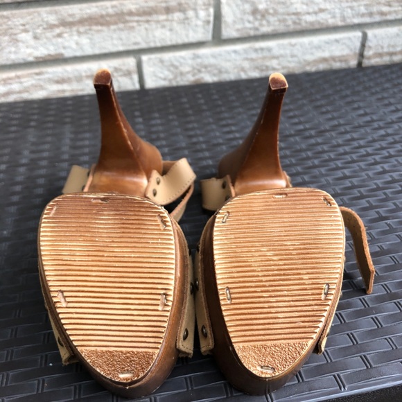 Italian Leather Platform Wood Heels Clogs Sandals - Picture 7 of 7